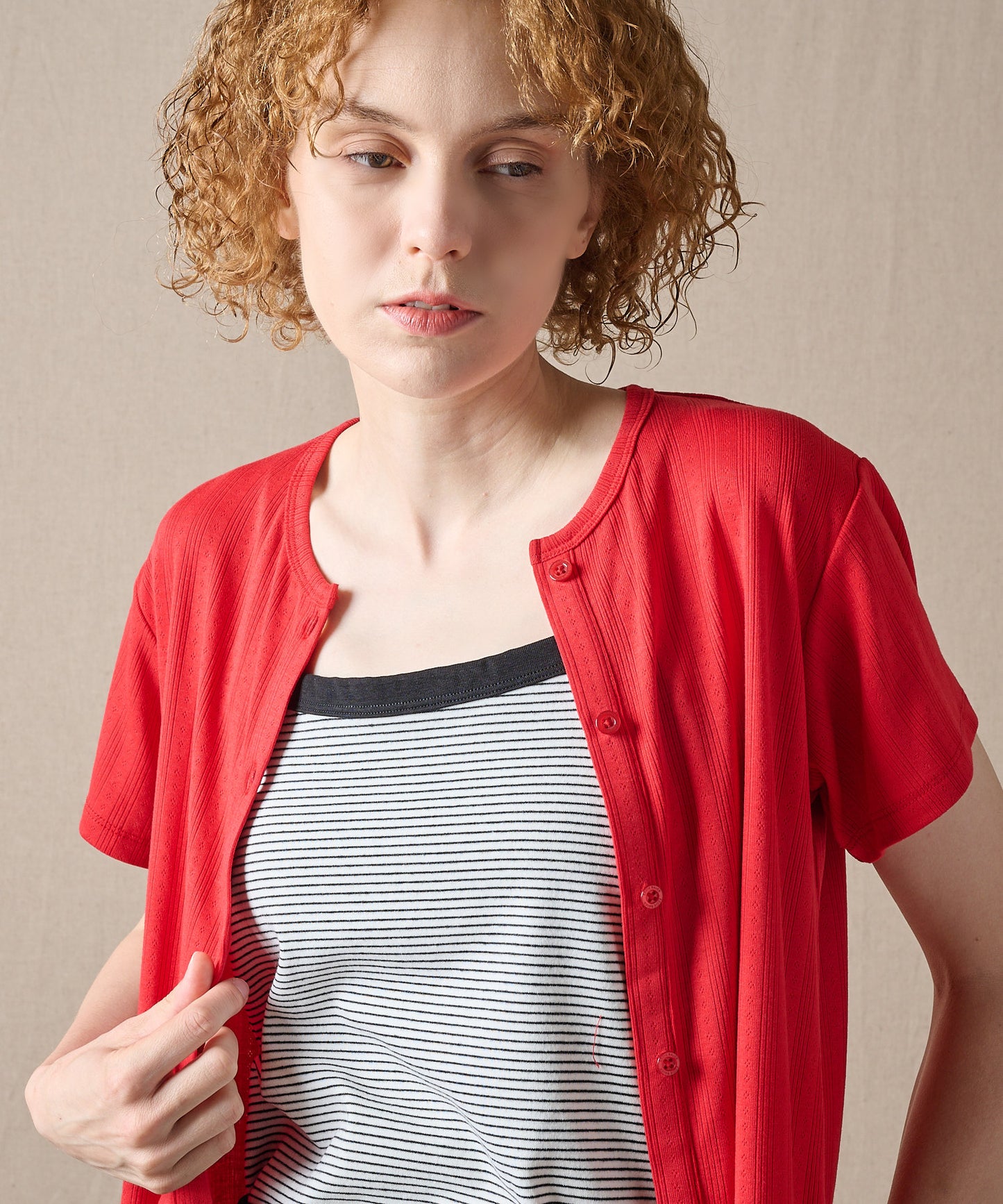 ピン ジャガード 半袖オープントップス/PIN JACQUARD SS OPEN TOP