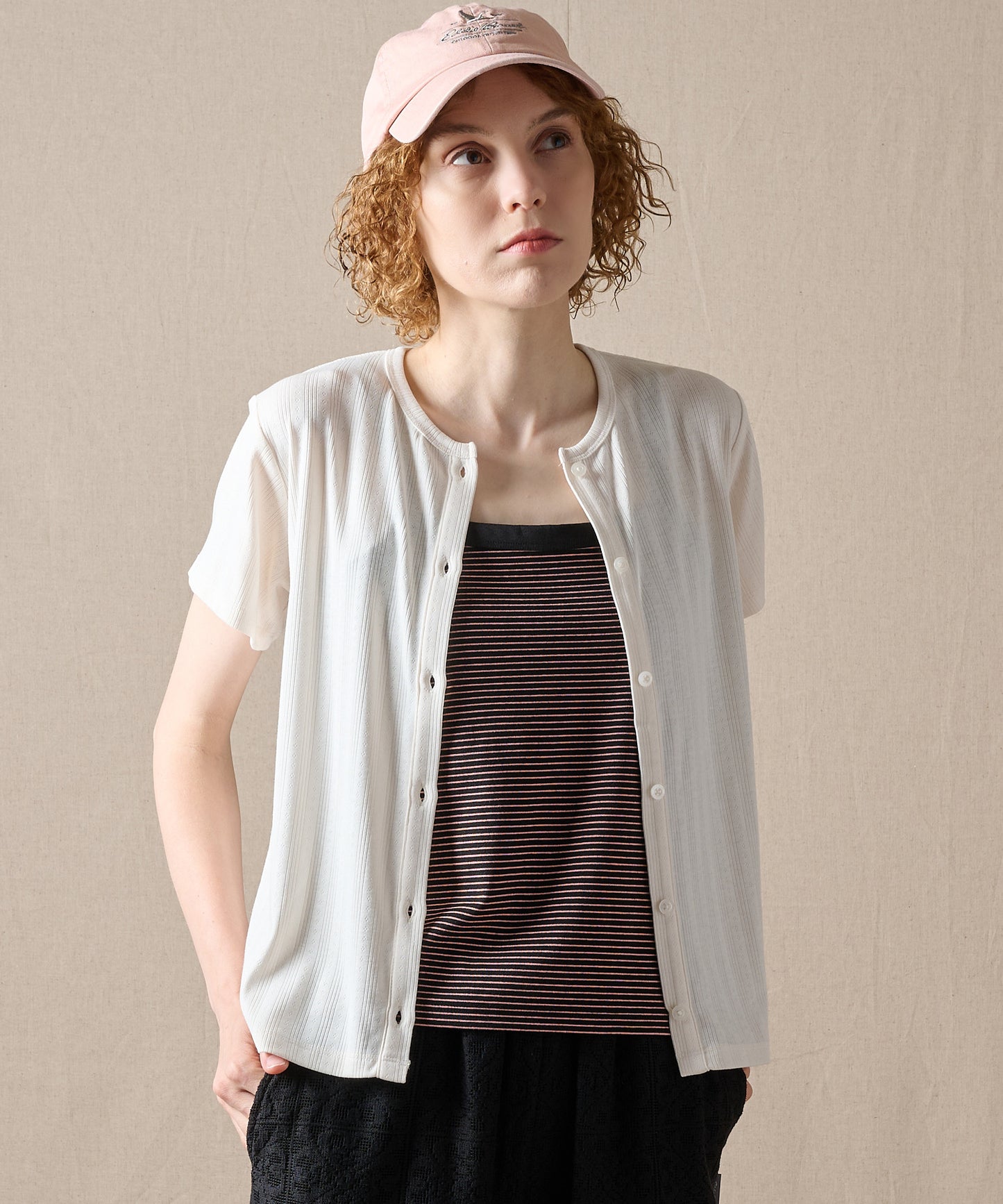 ピン ジャガード 半袖オープントップス/PIN JACQUARD SS OPEN TOP