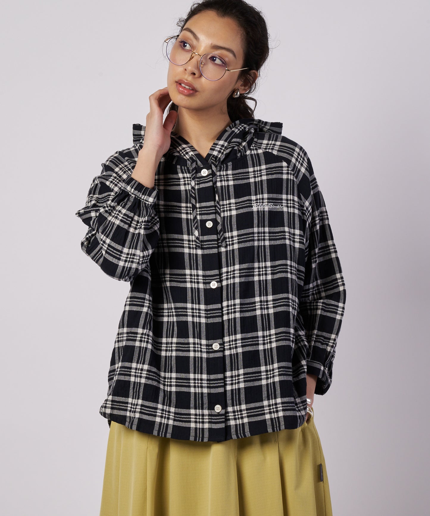 【予約】フーデッドチェック ブラウス/HOODED CHECK BLOUSE